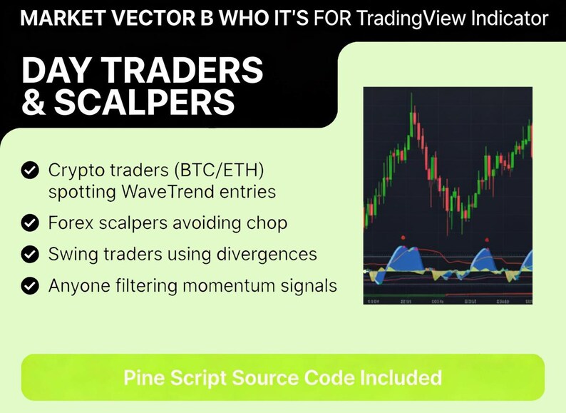 Puede incluir: Gr&aacute;fico informativo para day traders y scalpers. La imagen incluye un gr&aacute;fico con l&iacute;neas verdes y rojas, y el texto "MARKET VECTOR B WHO IT'S FOR TradingView Indicator" y "DAY TRADERS & SCALPERS". El gr&aacute;fico enumera los beneficios del indicador.