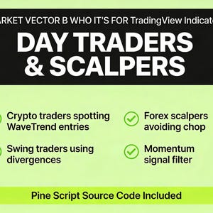 Puede incluir: Gr&aacute;fico que anuncia un indicador de TradingView para traders diarios y scalpers. El texto incluye caracter&iacute;sticas para traders de criptomonedas, swing y forex, con c&oacute;digo fuente Pine Script incluido.