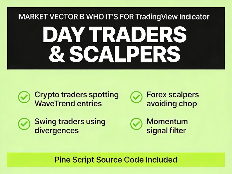 Puede incluir: Gr&aacute;fico que anuncia un indicador de TradingView para traders diarios y scalpers. El texto incluye caracter&iacute;sticas para traders de criptomonedas, swing y forex, con c&oacute;digo fuente Pine Script incluido.