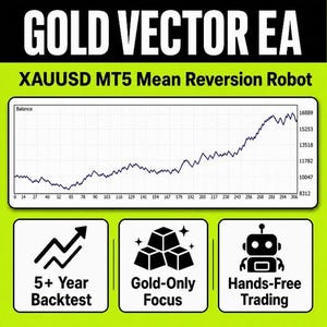 May include: A chart with a line graph showing financial data, labeled "Balance," with increasing values over time. The image also includes the text "GOLD VECTOR EA" and "XAUUSD MT5 Mean Reversion Robot." Additional text includes "5+ Year Backtest," "Gold-Only Focus," and "Hands-Free Trading."