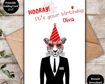 Custom Cool Leopard Birthday Card, Funny Stylish Birthday Greeting Card, Wild Happy Birthday Card, Digital Printable Party Cool Animal Card