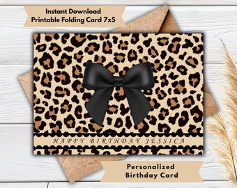 Personalized Leopard Print Birthday Card, Custom Name, Black Bow Greeting, Animal Design, 7x5 Printable