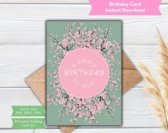 Cherry Blossom Birthday Card, Spring Flowers Happy Birthday Card, Sage Green Pink Birthday Card, Flowers Birthday Card for Sister Mother