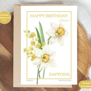 Personalized March Birth Flower Happy Birthday Card, Birth Flower Gift, Zodiac Flower Printable Greeting Card, Daffodil Floral Birthday Card