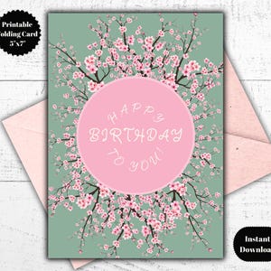 Cherry Blossom Birthday Card, Spring Flowers Happy Birthday Card, Sage Green Pink Birthday Card, Flowers Birthday Card for Sister Mother
