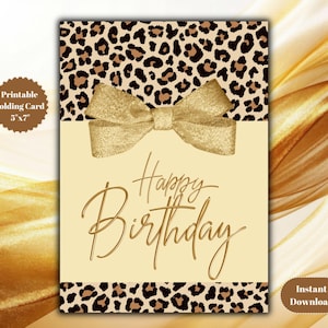 Leopard Print Birthday Card: Gold Bow Glam Design (Digital Download 5x7in Card Front Included)
