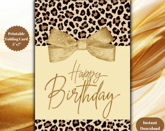 Leopard Print Birthday Card: Gold Bow Glam Design (Digital Download 5x7in Card Front Included)