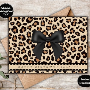 Personalized Leopard Print Birthday Card, Wild Printable Happy Birthday Card, Animal Print Greeting Card, Black Bow Chic Glam Birthday Card