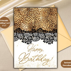 Leopard Print Birthday Card: Gold Script, Black Lace (Digital Download 5x7in Printable Card)
