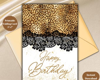 Leopard Print Birthday Card: Gold Script, Black Lace (Digital Download 5x7in Printable Card)