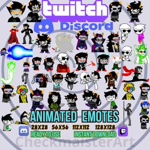 May include: A collection of animated emotes featuring various characters with different expressions and poses. The emotes are available in four sizes: 28x28, 56x56, 112x112, and 128x128. The emotes are ready to use and can be instantly downloaded. The text "Animated Emotes" is displayed in a blue box with white text. The text "Twitch Discord" is displayed in a purple box with white text. The text "Ready to Use" is displayed in a blue box with white text. The text "Instant Download" is displayed in a blue box with white text.