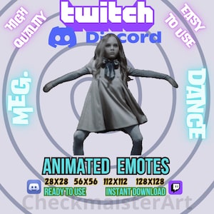 Puede incluir: Emotes animados para Twitch y Discord con una chica en un vestido blanco bailando. Los emotes están disponibles en cuatro tamaños: 28x28, 56x56, 112x112 y 128x128. Los emotes están listos para usar y se pueden descargar instantáneamente.