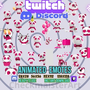 25 emoticones animados de panda rosa, paquete de stickers de Twitch, paquete de emoticones de Discord, emoticones de streamers y gamers, emoticones de animales kawaii, meme de oso y gato lindo