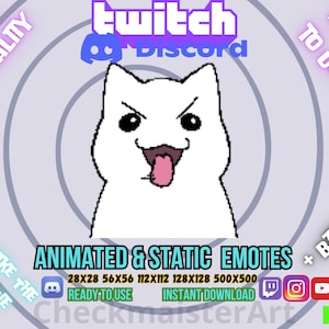 May include: White cat-like animated emote with its tongue sticking out, set against a light purple background with concentric circles. The image includes text that says "Twitch", "Discord", "Animated & Static Emotes", and social media icons.