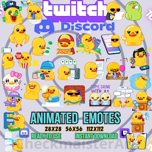 Puede incluir: Un conjunto de 28 emoticonos animados de Twitch y Discord que representan un pato amarillo en varias poses y escenarios. Los emoticonos están disponibles en tres tamaños: 28x28, 56x56 y 112x112 píxeles. Los emoticonos están listos para usar y se pueden descargar instantáneamente.