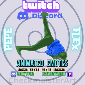 Puede incluir: Emotes animados para Twitch y Discord. Los emotes presentan una figura verde con una camisa azul realizando un movimiento de baile. Los emotes están disponibles en cuatro tamaños: 28x28, 56x56, 112x112 y 128x128. El texto "READY TO USE" y "INSTANT DOWNLOAD" también está incluido.