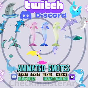 15 geanimeerde dansende dolfijnen-emotes, twitch-emotes, Discord-emotes, verlichte emotes, lol-emotes, grappige emotes, streamer-emotes, rave-emotes, discotheek
