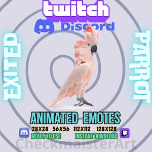 Puede incluir: Emoticonos animados con un loro rosa y blanco con un ojo azul. Los emoticonos están disponibles en cuatro tamaños: 28x28, 56x56, 112x112 y 128x128. El texto "READY TO USE" y "INSTANT DOWNLOAD" también está incluido en la imagen.