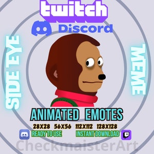 May include: Animated emotes featuring a cartoon monkey with a side eye expression. The emotes are available in four sizes: 28x28, 56x56, 112x112, and 128x128. The emotes are ready to use and can be instantly downloaded for Twitch and Discord.