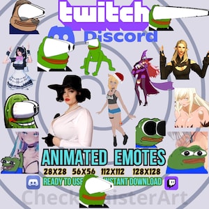 以下が含まれることがあります： 28x28、56x56、112x112、128x128ピクセルなど、さまざまなサイズでアニメーション化された絵文字のコレクション。絵文字はすぐに使用でき、すぐにダウンロードできます。絵文字には、カエル、帽子をかぶった女性、メイド服を着た女性、魔女の衣装を着た女性など、さまざまなキャラクターがいます。絵文字はTwitchとDiscordでの使用を目的としています。