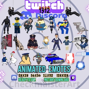 Bundel met 25 geanimeerde politie-emotes, Twitch-emotes, Discord-emotes, WeeWoo-emotes, Lmao-emotes, grappige emotes, wimpel-emotes, officier-emotes