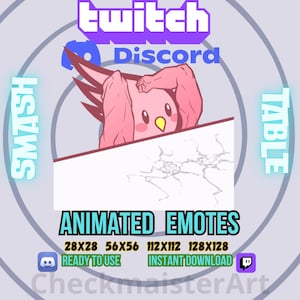 Animowana emotka Smash Table, emotikony Twitch, emotikony Discord, mem Riot, zabawna emotka, emotikona Streamer, emotikona Destroy, emotikona Cozy, emotikona Rage, GG