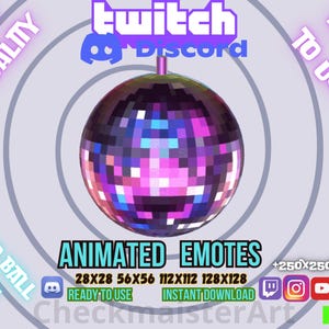 May include: A digital graphic featuring a disco ball with purple and pink hues, surrounded by text that reads "Animated Emotes." The image includes social media icons and the words "High Quality" and "Easy to Use."