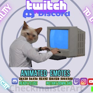 May include: A digital illustration of a cat-headed figure using an old computer. The image includes the text "ANIMATED EMOTES" and social media icons. The background has the words "HIGH QUALITY" and "EASY TO USE".