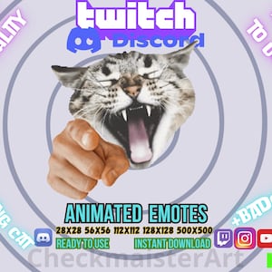 May include: An animated emote design featuring a laughing cat with its mouth open, pointing a finger. The design includes the text "Animated Emotes" and social media icons. The background is light purple with concentric circles.