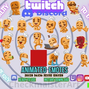 May include: A collection of 20 animated cookie guy emotes in various poses, including crying, running, and holding objects. The image includes the text "Twitch", "Discord", and "Animated Emotes". The emotes are available in multiple sizes.