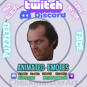 May include: Animated emotes featuring a stylized image of a man's face, with the words "Twitch" and "Discord" above. The design includes the text "Animated Emotes", and "Ready to Use" and "Instant Download". The image is surrounded by a light purple and gray circular design.