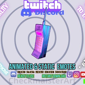 Pode incluir: Ilustração de um telefone de estilo retrô em tons de azul e roxo, projetado como um emote animado e estático. A imagem inclui o texto "Twitch Discord" e "Animated & Static Emotes".