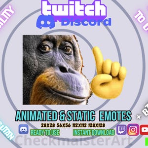 Può includere: Immagine con la faccia di un orangutan e un'emoji di mano gialla che indica verso l'alto. Il testo include "Twitch Discord" e "Emote animate e statiche" con opzioni di dimensioni. Sono presenti anche icone di social media.