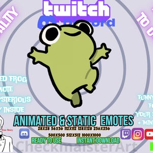 May include: A digital illustration of a light green frog with large black eyes and outstretched arms. The image includes text such as "twitch", "discord", "high quality", "easy to use", "blessed frog emote", and "animated & static emotes".