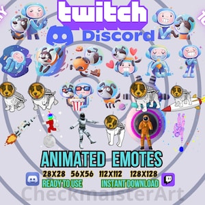 Puede incluir: Un conjunto de emotes animados de Twitch y Discord con una variedad de personajes, incluidos astronautas, mapaches y un robot. Los emotes están disponibles en cuatro tamaños: 28x28, 56x56, 112x112 y 128x128. El texto "ANIMATED EMOTES" se muestra en una fuente grande en la parte inferior de la imagen.