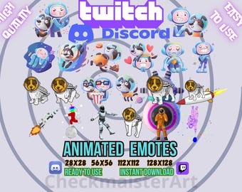Op de afbeelding: Een set geanimeerde Twitch- en Discord-emotes met verschillende personages, waaronder astronauten, wasberen en een robot. De emotes zijn beschikbaar in vier formaten: 28x28, 56x56, 112x112 en 128x128. De tekst "ANIMATED EMOTES" wordt onderaan de afbeelding in een groot lettertype weergegeven.