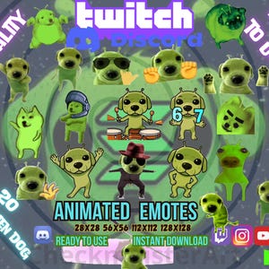 May include: A digital graphic featuring 20 animated green alien dog emotes. The emotes are in various poses, with text that reads "Animated Emotes" and "Green Alien Dog Emotes". The image includes social media icons and the words "Twitch", "Discord", and "Kick".