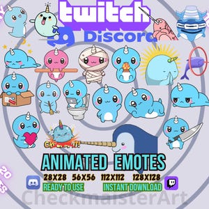 20 emoticones animados de narval, emoticones de Twitch, memes de Discord, emoticones kawaii, emoticones de animales del océano, paquete adorable, paquete de emoticones encantadores de vida marina
