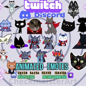 Puede incluir: Un conjunto de 20 emoticonos animados de gatos en varias poses y expresiones. Los emoticonos están disponibles en cuatro tamaños: 28x28, 56x56, 112x112 y 128x128. Los emoticonos están listos para usar y se pueden descargar instantáneamente. Los emoticonos están diseñados para Twitch y Discord.