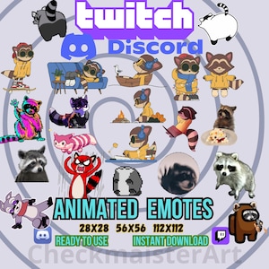 May include: A collection of animated Twitch and Discord emotes featuring raccoons in various poses and expressions. The emotes are available in three sizes: 28x28, 56x56, and 112x112. The text "Animated Emotes" is displayed in large, bold letters. The emotes are ready to use and can be instantly downloaded.