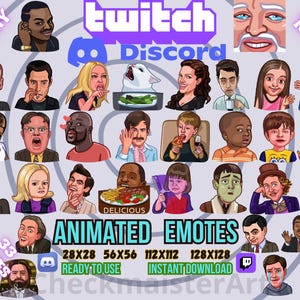 Puede incluir: Una colección de 33 emoticonos animados para Twitch y Discord. Los emoticonos están disponibles en varios tamaños, incluyendo 28x28, 56x56, 112x112 y 128x128 píxeles. Los emoticonos presentan una variedad de personajes, incluyendo un gato, un perro, una persona con bigote y una persona con una corona. Los emoticonos están listos para usar y se pueden descargar instantáneamente.