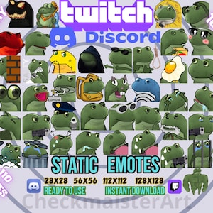 110 emotikonów żaby, statyczna emotka, memy Twitch, naklejki Discord, emotikony Peepoo, emotikony zielonego stworzenia, odnowione pamiątki ze starej szkoły