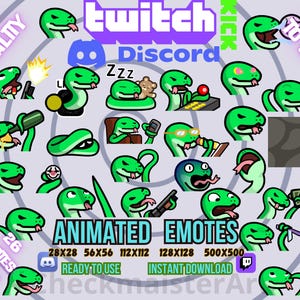 Puede incluir: Un conjunto de 26 emoticonos animados de serpientes verdes para Twitch y Discord. El texto "Animated Emotes" también está presente. Los emoticonos están disponibles en 4 tamaños, incluyendo 28x28, 56x56, 112x112, 128x128 y 500x500 píxeles.