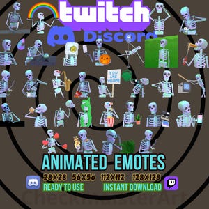 May include: A collection of animated skeleton emotes for Twitch and Discord. The emotes are in various poses and expressions, including waving, holding a microphone, and drinking from a cup. The emotes are available in four sizes: 28x28, 56x56, 112x112, and 128x128.