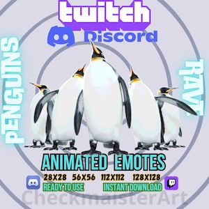 May include: Animated Twitch and Discord emotes featuring five penguins in a circle with the text "PENGUINS" and "RAVE" on either side. The emotes are available in four sizes: 28x28, 56x56, 112x112, and 128x128. The text "READY TO USE" and "INSTANT DOWNLOAD" are also included.