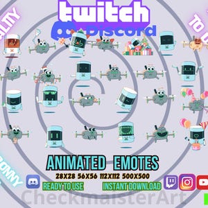 May include: Digital art graphic with animated emotes for Twitch and Discord. The emotes feature robot-like characters with different expressions and accessories. Text includes "Animated Emotes" and social media icons. Measurements are 28x28, 56x56, 112x112, and 500x500 pixels.