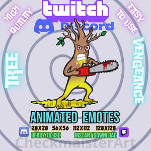 Könnte beinhalten: Animierte Twitch- und Discord-Emojis mit einem Baumcharakter mit einer Kettensäge. Die Emojis sind in vier Größen verfügbar: 28x28, 56x56, 112x112 und 128x128. Die Emojis sind sofort einsatzbereit und können sofort heruntergeladen werden.