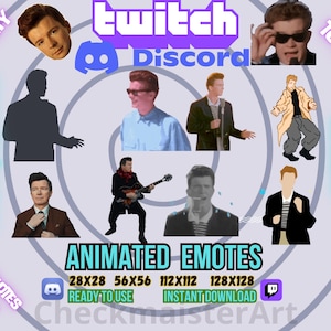 May include: Animated Twitch and Discord emotes featuring a man in various poses. The emotes are available in four sizes: 28x28, 56x56, 112x112, and 128x128. The text "READY TO USE" and "INSTANT DOWNLOAD" is also included.
