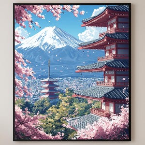 Luxury Japan Pagoda & Mount Fuji Digital Download, Cherry Blossom Digital Print, Asian Landscape Wall Art #1707
