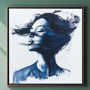 Minimalist Abstract Asian Woman Portrait | Modern Indigo Digital Wall Art #1232